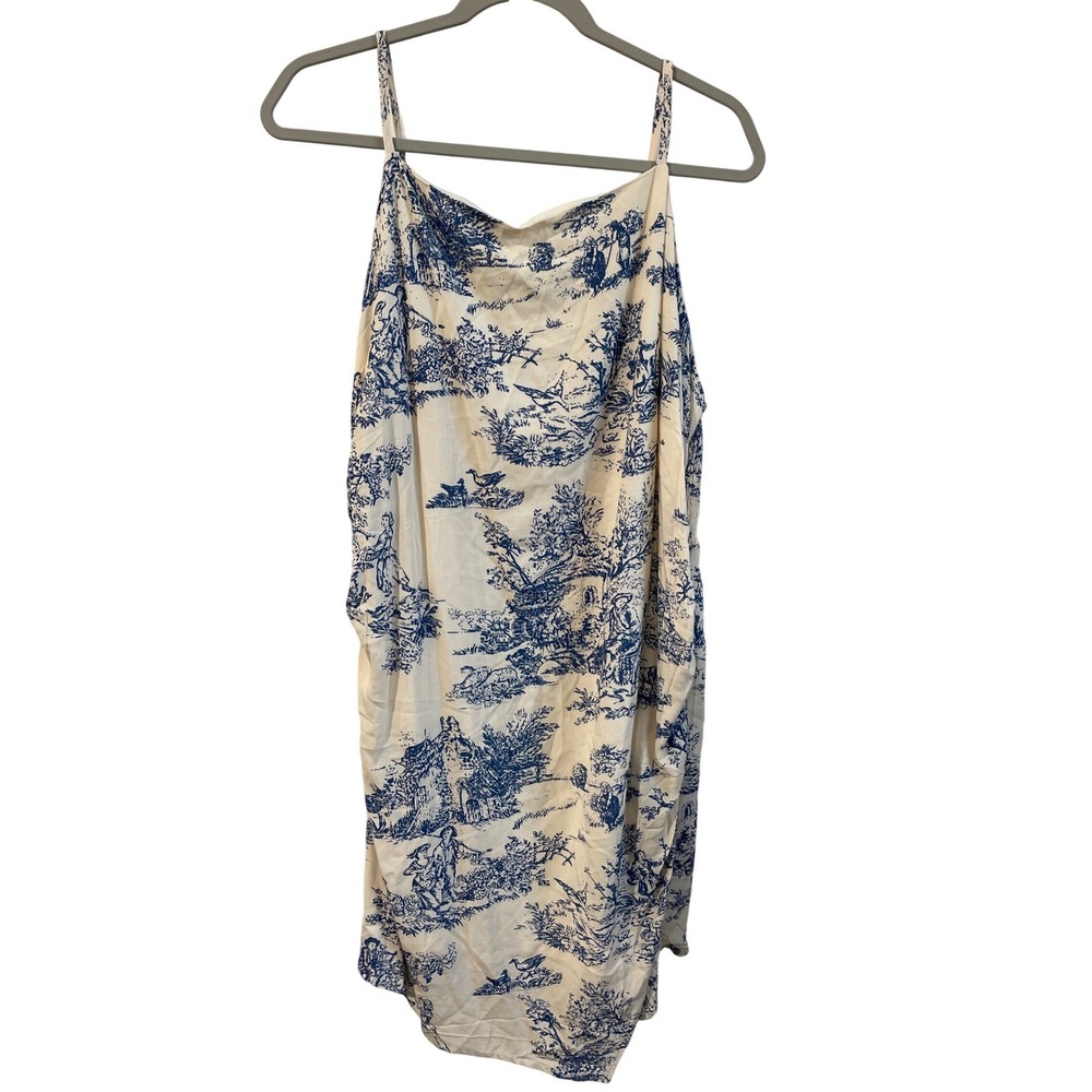 Cider 1XL Blue Beige Toile de Jouy Cowl Neck Smocked Mini Dress French‎ Country